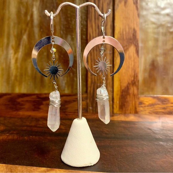 Celestial Aura Quartz Women Moon and Stars Earrings - Picture 3 of 4